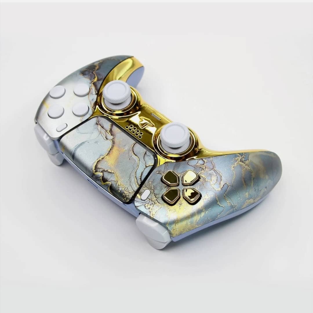 Manette PS5 Luxe : Marbre Marin et Or Liquide
