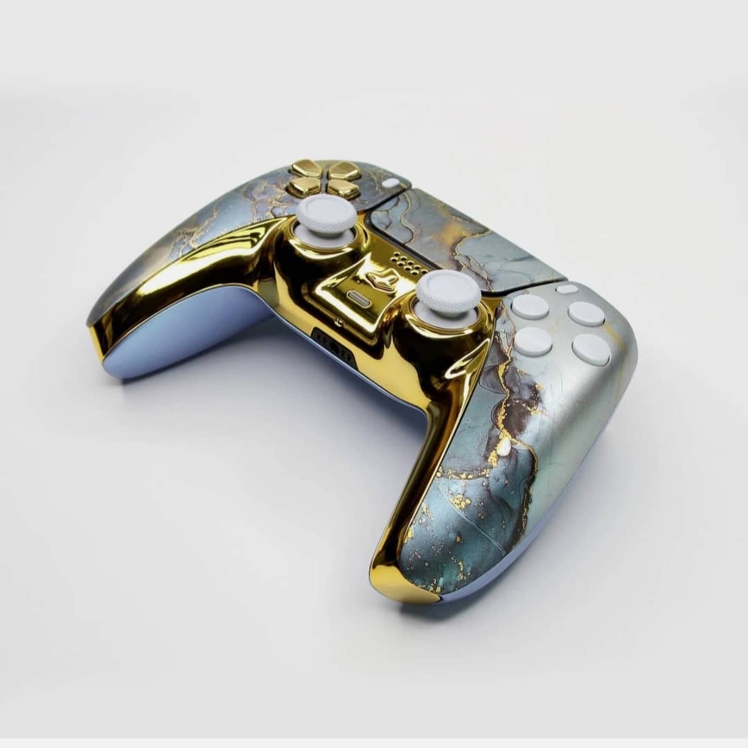 Manette PS5 Luxe : Marbre Marin et Or Liquide