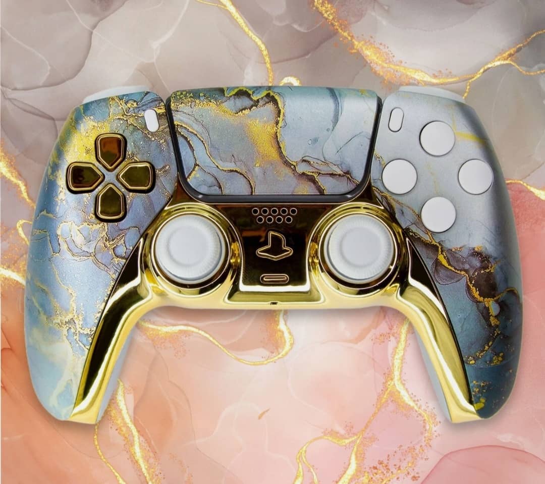 Manette PS5 Luxe : Marbre Marin et Or Liquide
